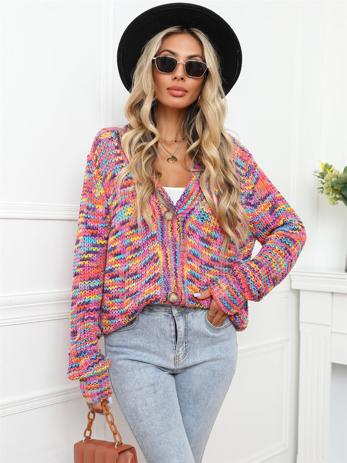 Bright Colorful Knit Long Sleeve V-neck Patck Pocket Cardigan Button-Up Sweater