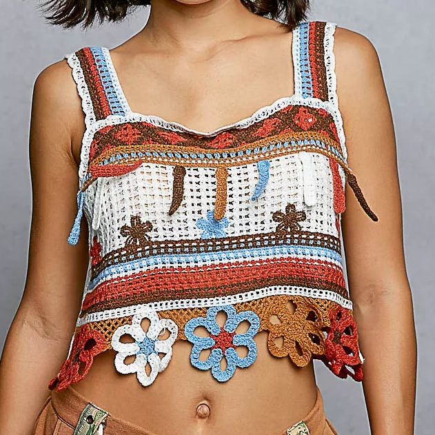 POL 70s Revival Retro Flower Crochet Tank Patchwork Crop Cami Sleeveless Top Orange