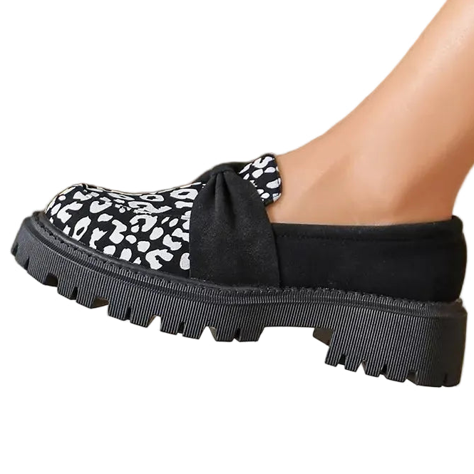 Leopard Bow Knot Top Round Toe Chunky Lug Loafers Retro Statement Slip-On Shoes