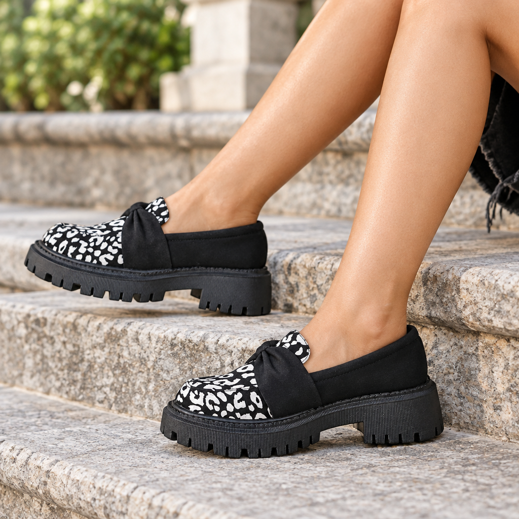 Leopard Bow Knot Top Round Toe Chunky Lug Loafers Retro Statement Slip-On Shoes