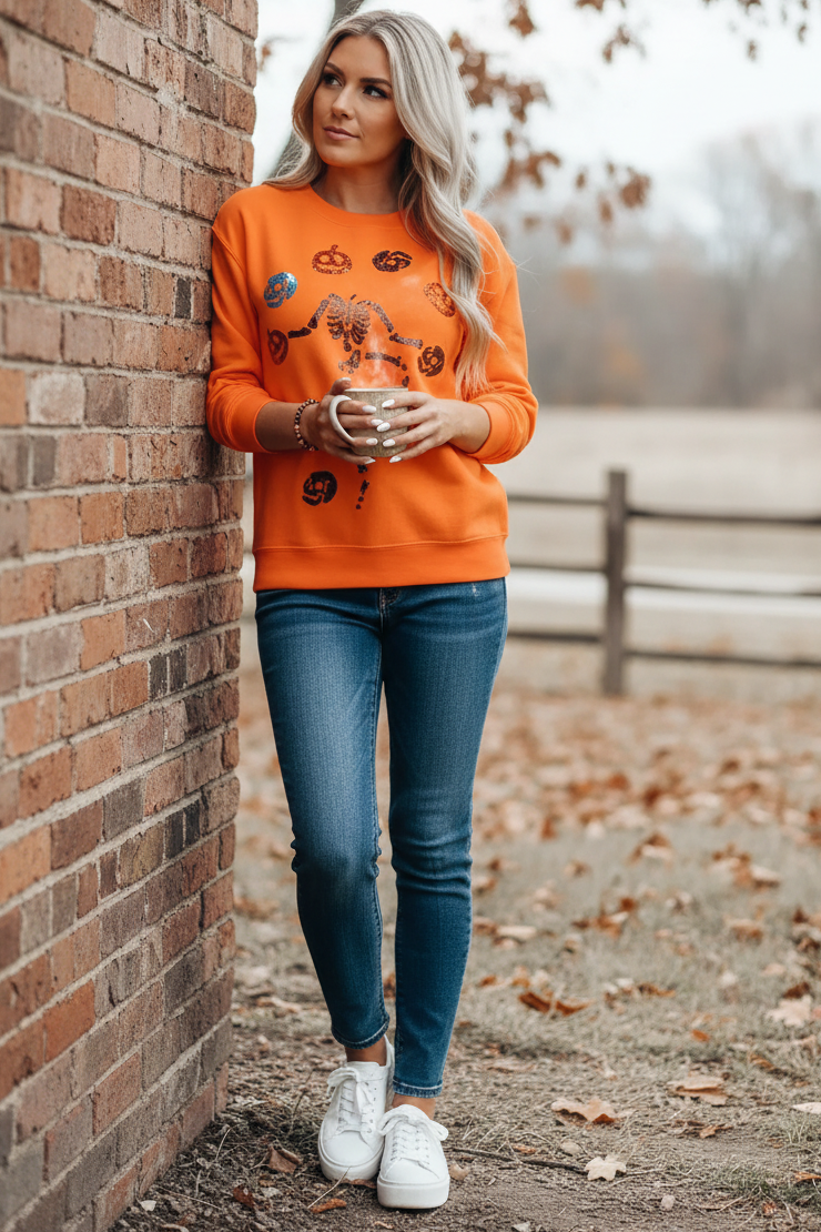 Sequin Dancing Skeleton Pumpkin Sparkling Halloween Crew Neck Pullover Sweatshirt
