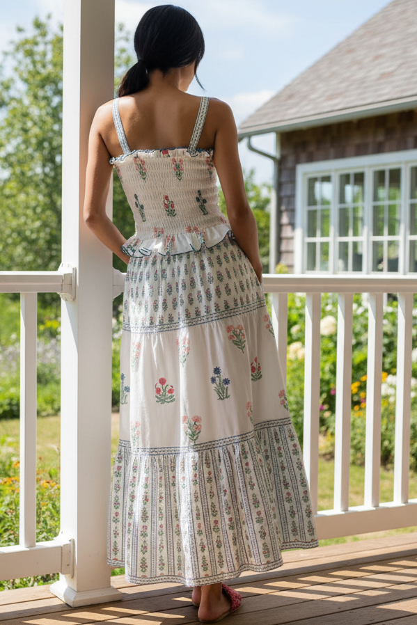 Retro Granny Floral Smocked Ruffle Frill Square Neck Tiered Side Pocket Maxi Dress