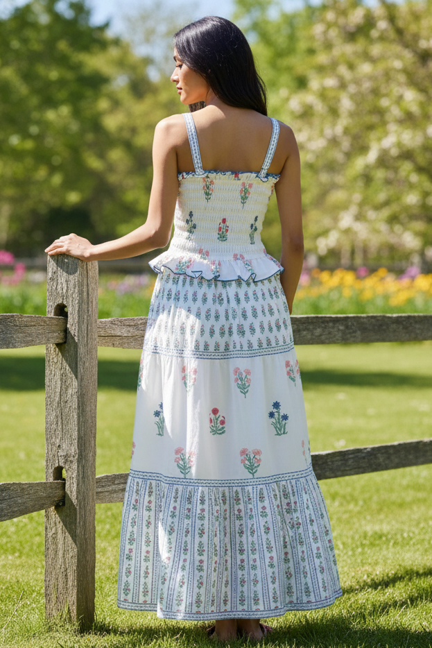 Retro Granny Floral Smocked Ruffle Frill Square Neck Tiered Side Pocket Maxi Dress