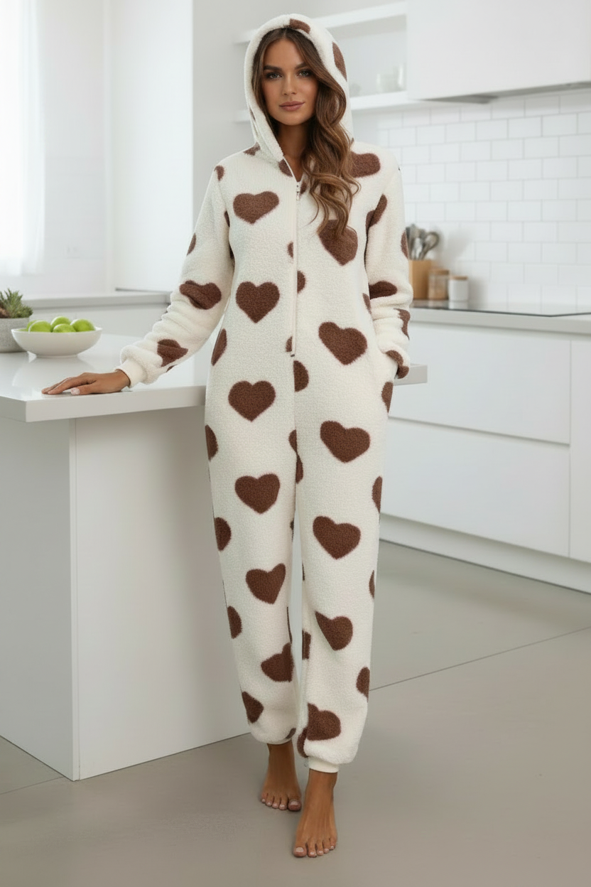 Fuzzy Sherpa Heart Hooded Zip-Up Teddy Sherpa One-Piece Loungewear Jumpsuit