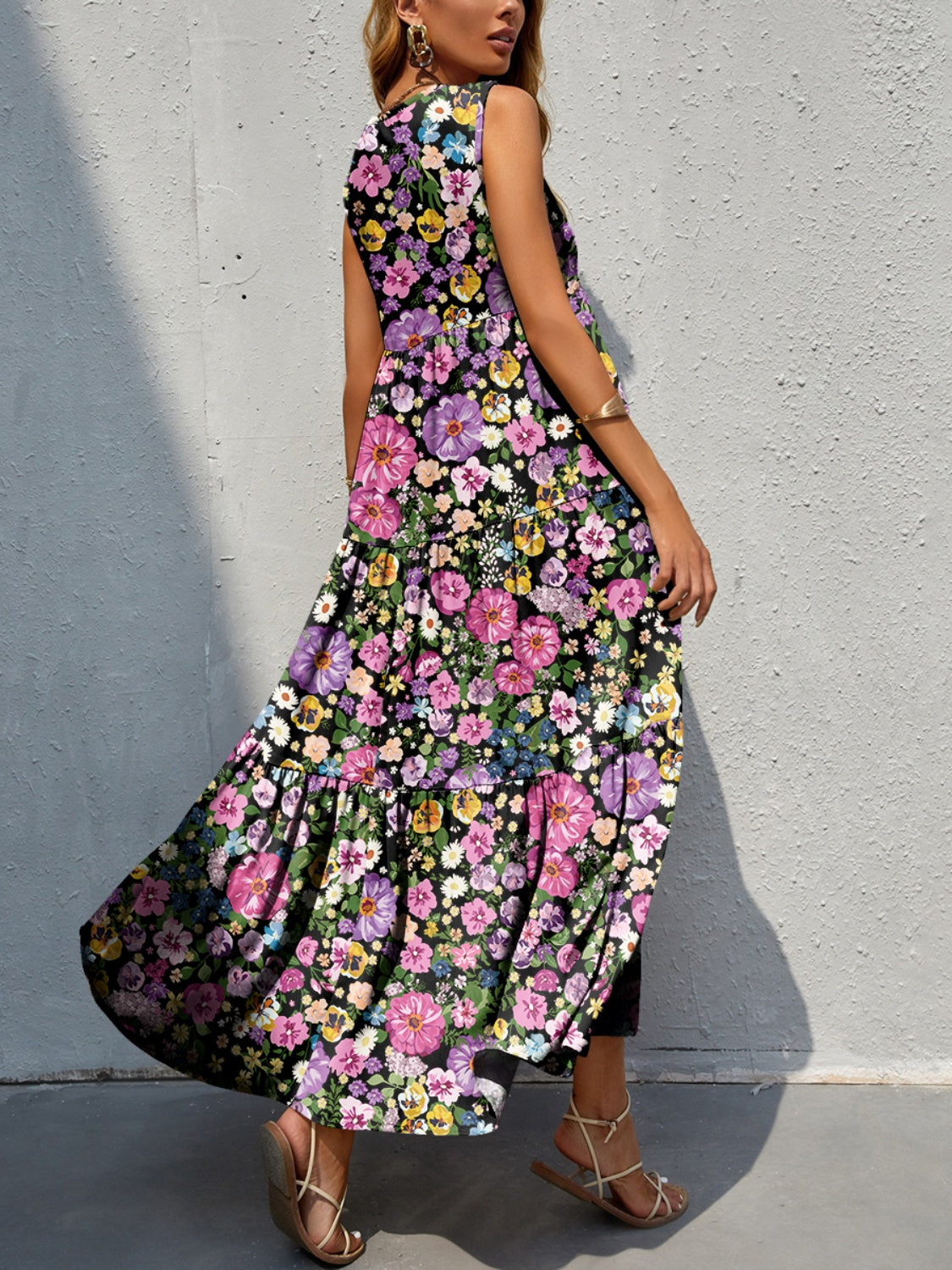 Bold Colorful Retro Floral Sleeveless Tiered V-Neck Oversized Summer Maxi Dress