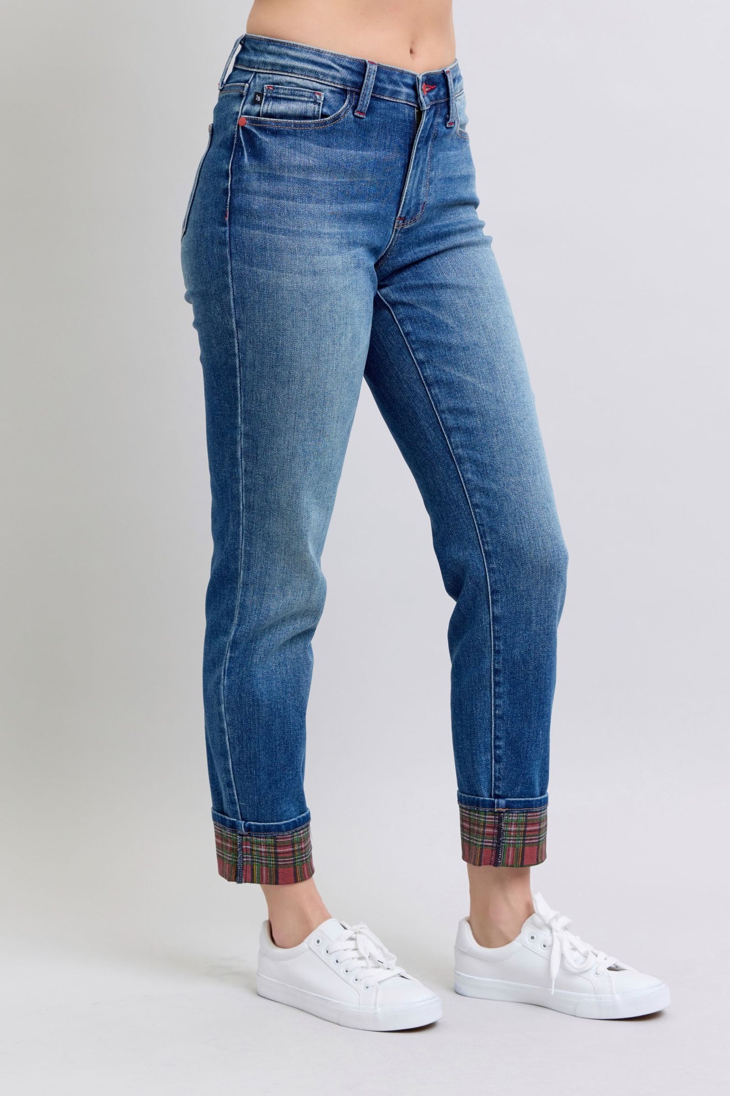 Judy Blue Red Plaid Cuffed High-Rise Straight Leg Cropped Jeans Limited Denim Pants