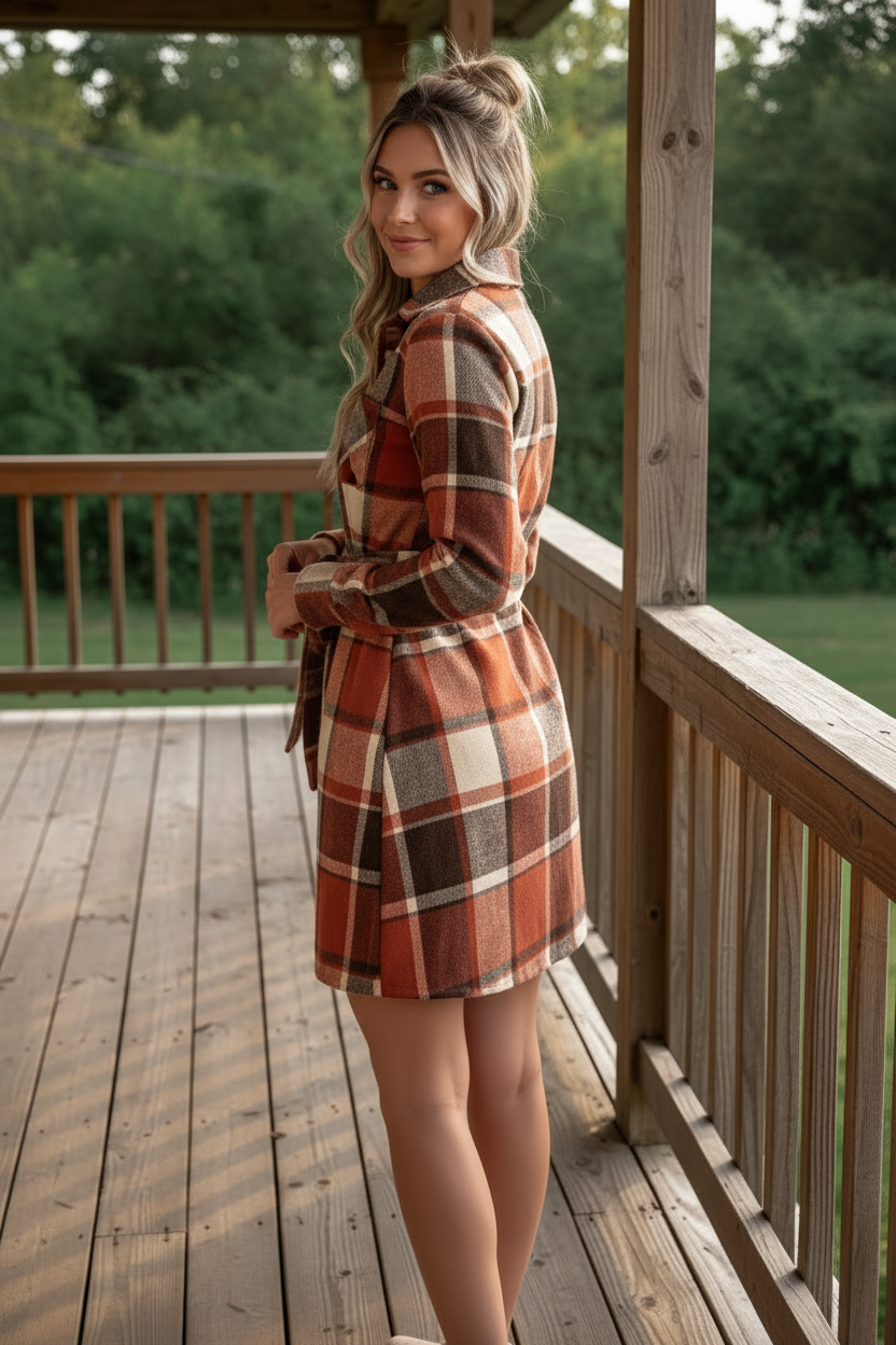 Plaid Tie Belted Button-Front Long Sleeve Mini Collared Shirt Dress Chest Pockets