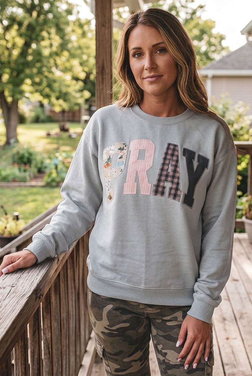 PRAY Patchwork Crew Neck Sweatshirt Floral Plaid Faith Graphic Pullover Top