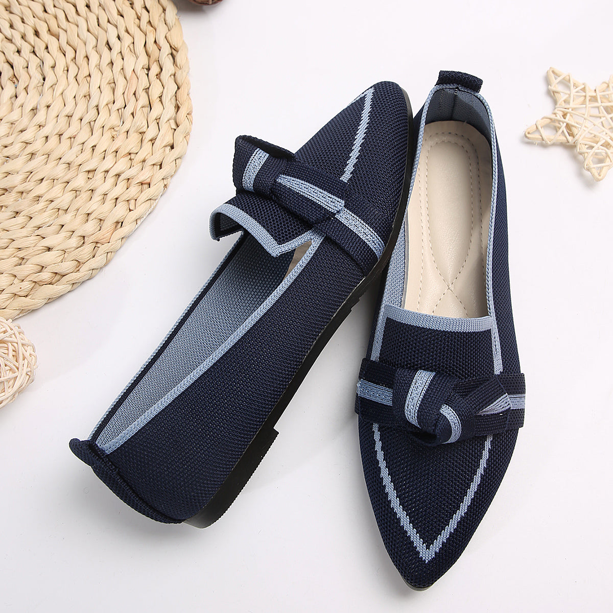 Pointed Bow Top Knit Contrasting Stripe Ballet Flat Casual Loafer Slip-on Shoes