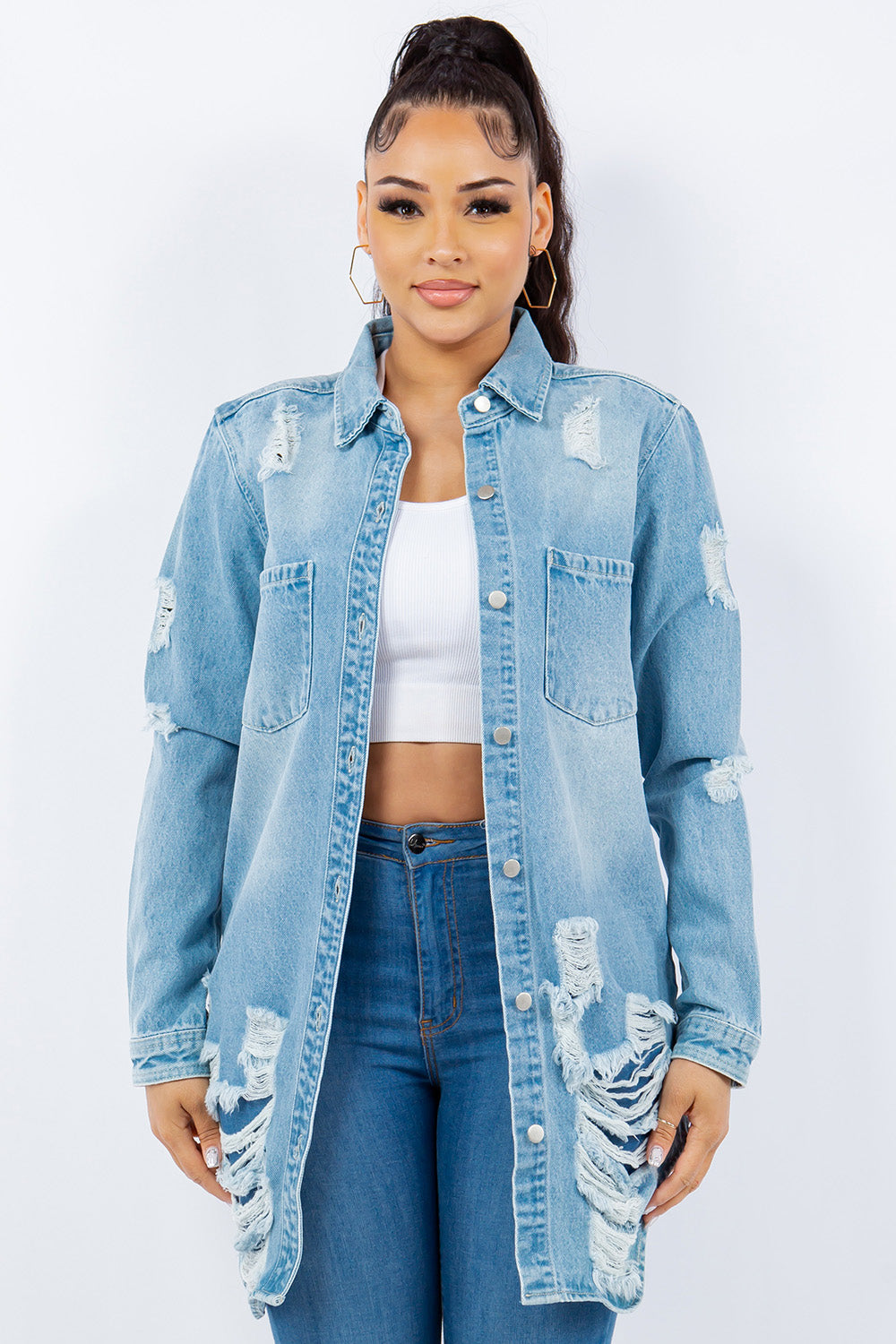 American Bazi Torn Distressed Hole Oversized Shacket Cotton Denim Jean Jacket Light Blue