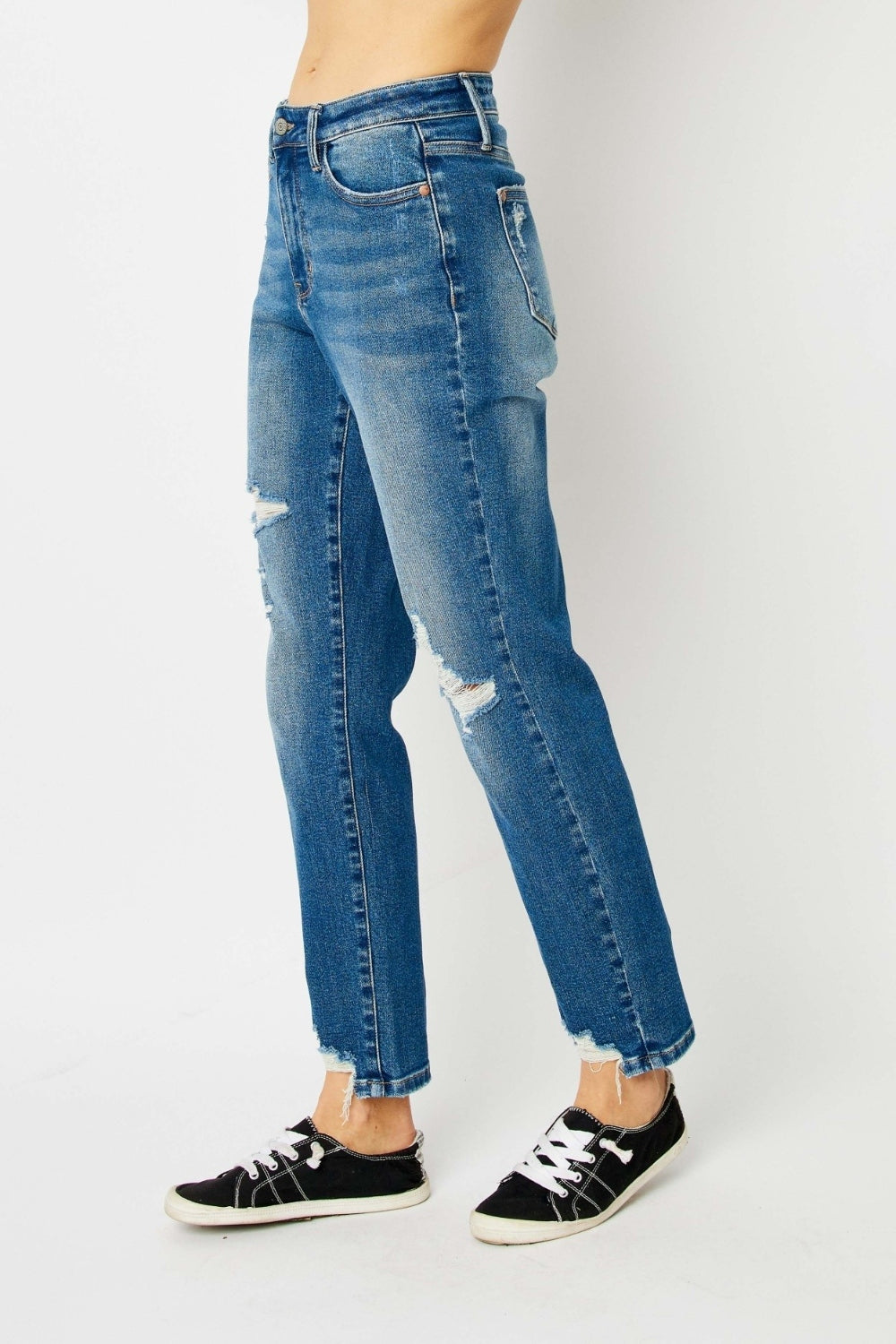 Judy Blue Queen Of Hearts Mid-Rise Distressed Torn Denim Slim Mom Jean Pants