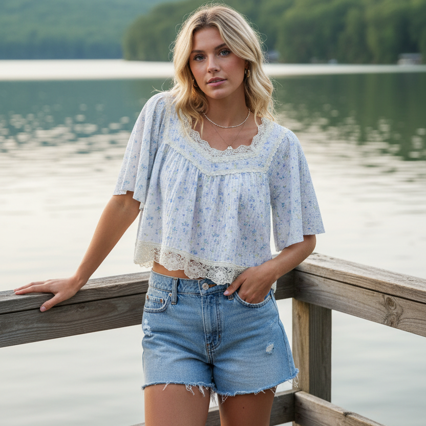 POL Granny Floral Lace Trim Oversized Boxy Blouse Half Sleeve Boho Crop Top