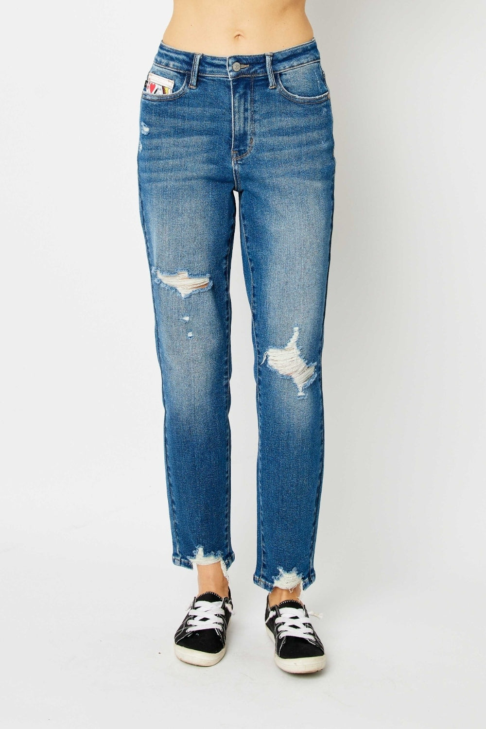 Judy Blue Queen Of Hearts Mid-Rise Distressed Torn Denim Slim Mom Jean Pants