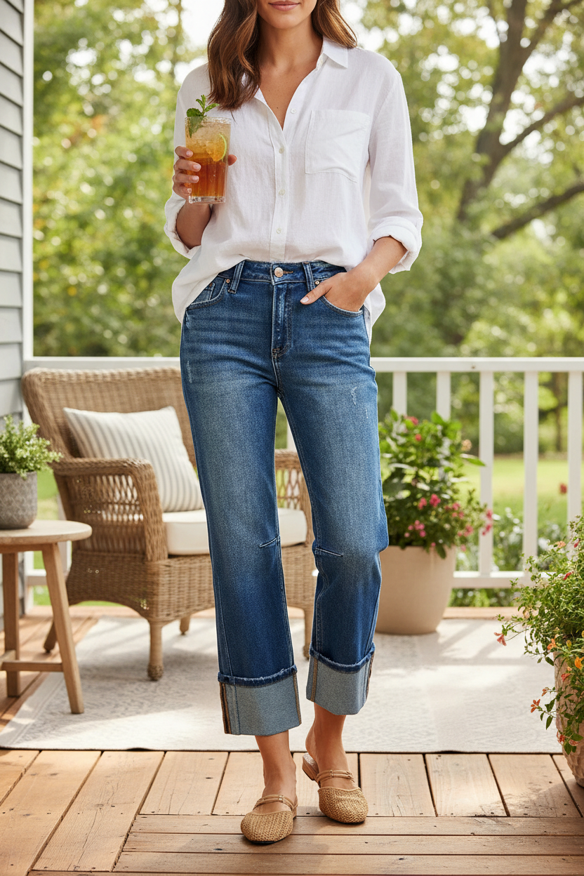 Risen High-Rise Pintuck Straight Leg Crop Jeans Wide Cuff Raw Hem Denim Pants