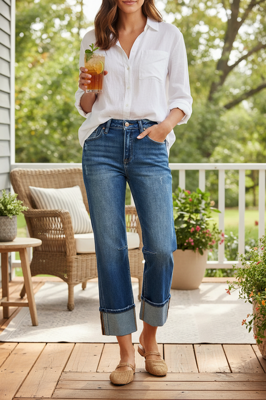 Risen High-Rise Pintuck Straight Leg Crop Jeans Wide Cuff Raw Hem Denim Pants