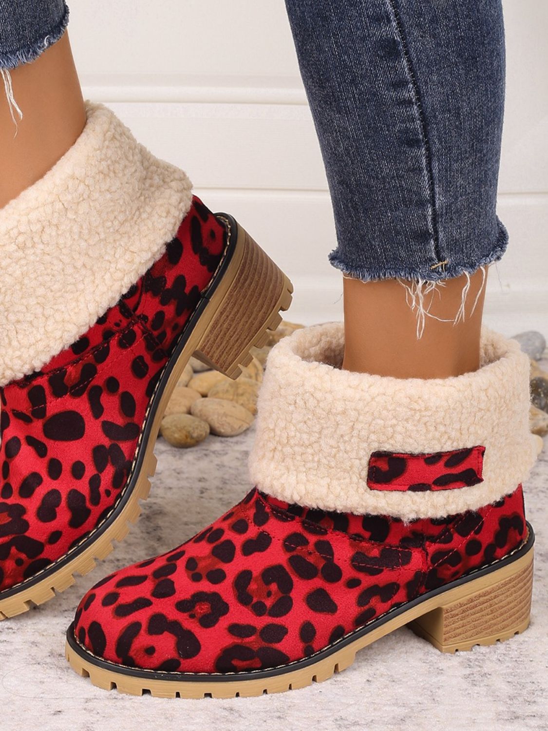 Fuzzy Sherpa Cuff Animal Leopard Ankle Boots Chunky Block Heel Slip-on Shoes