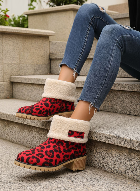 Fuzzy Sherpa Cuff Animal Leopard Ankle Boots Chunky Block Heel Slip-on Shoes