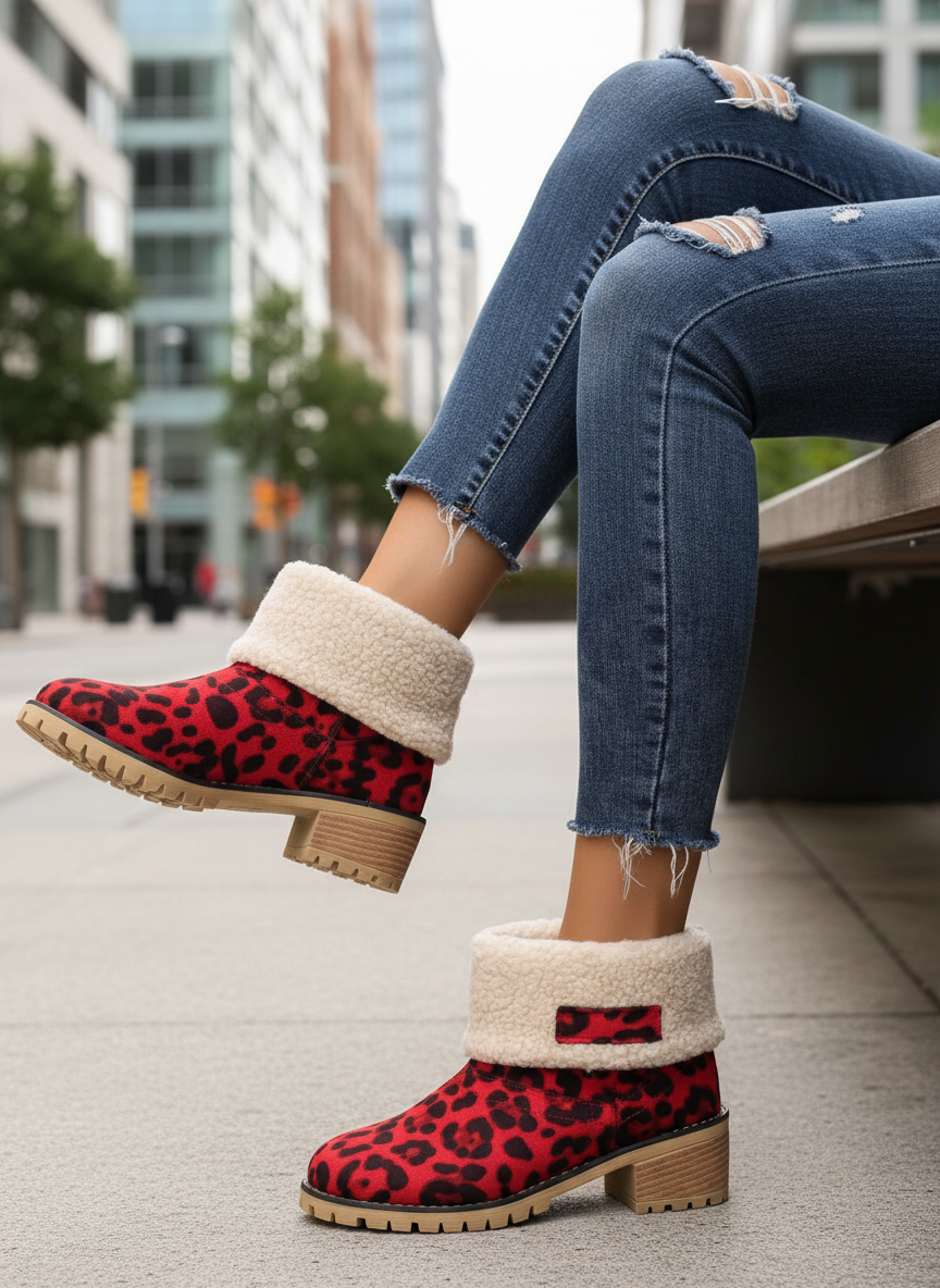 Fuzzy Sherpa Cuff Animal Leopard Ankle Boots Chunky Block Heel Slip-on Shoes