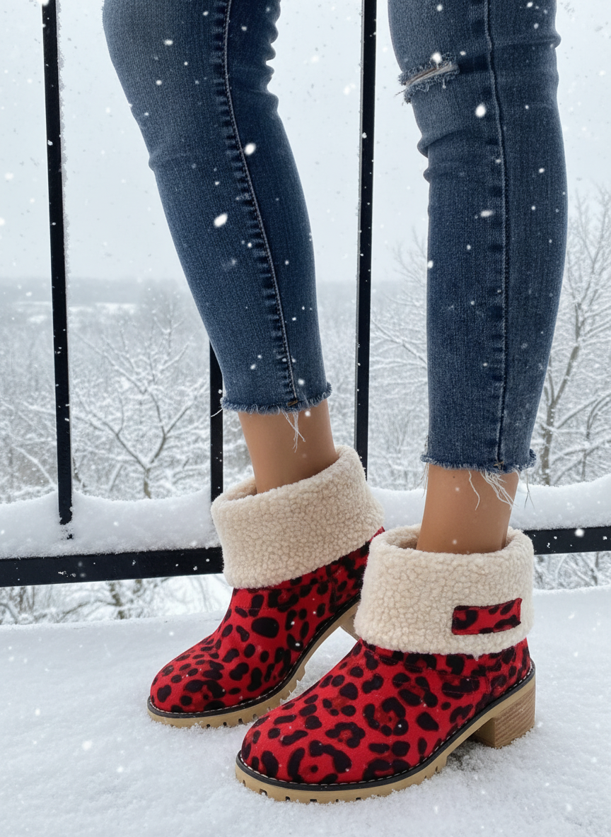 Fuzzy Sherpa Cuff Animal Leopard Ankle Boots Chunky Block Heel Slip-on Shoes