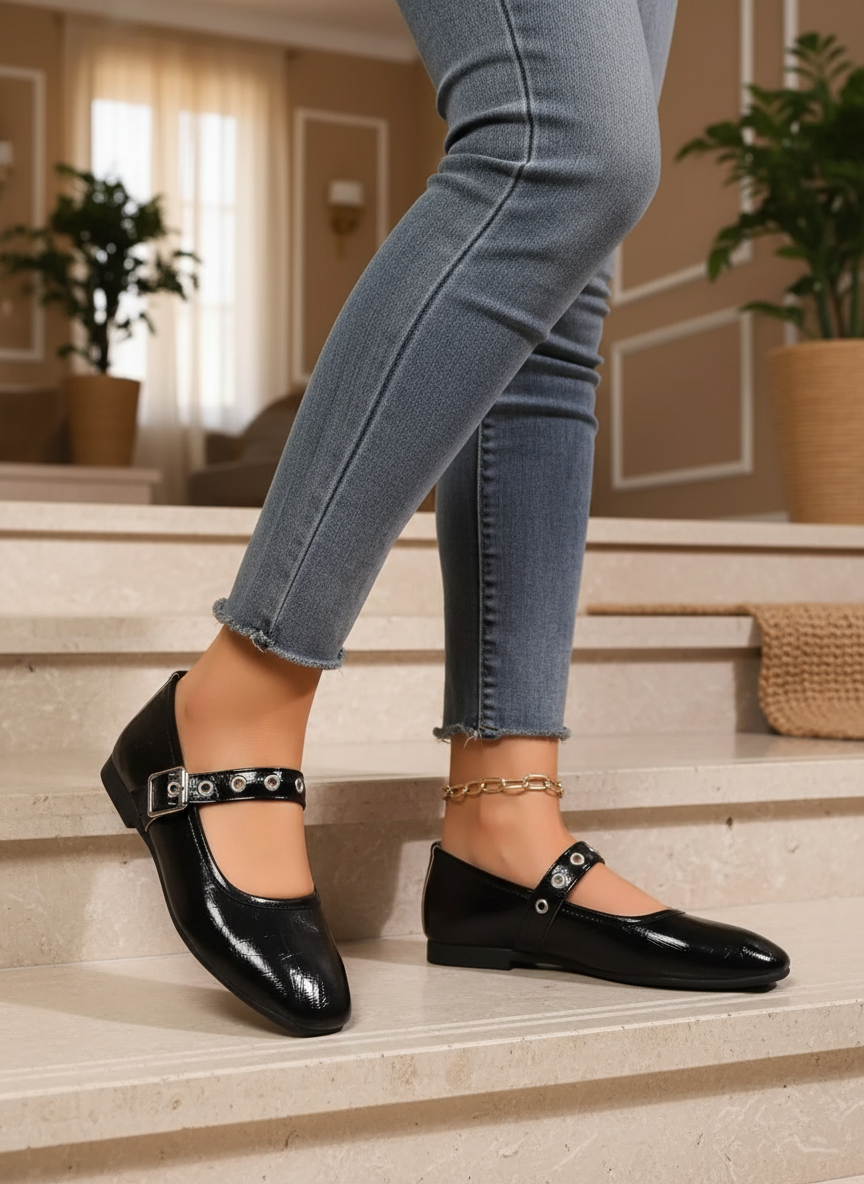 Mary Jane Loafers Glossy Vegan Patent Leather Round Toe Ballet Flats Buckle Shoes