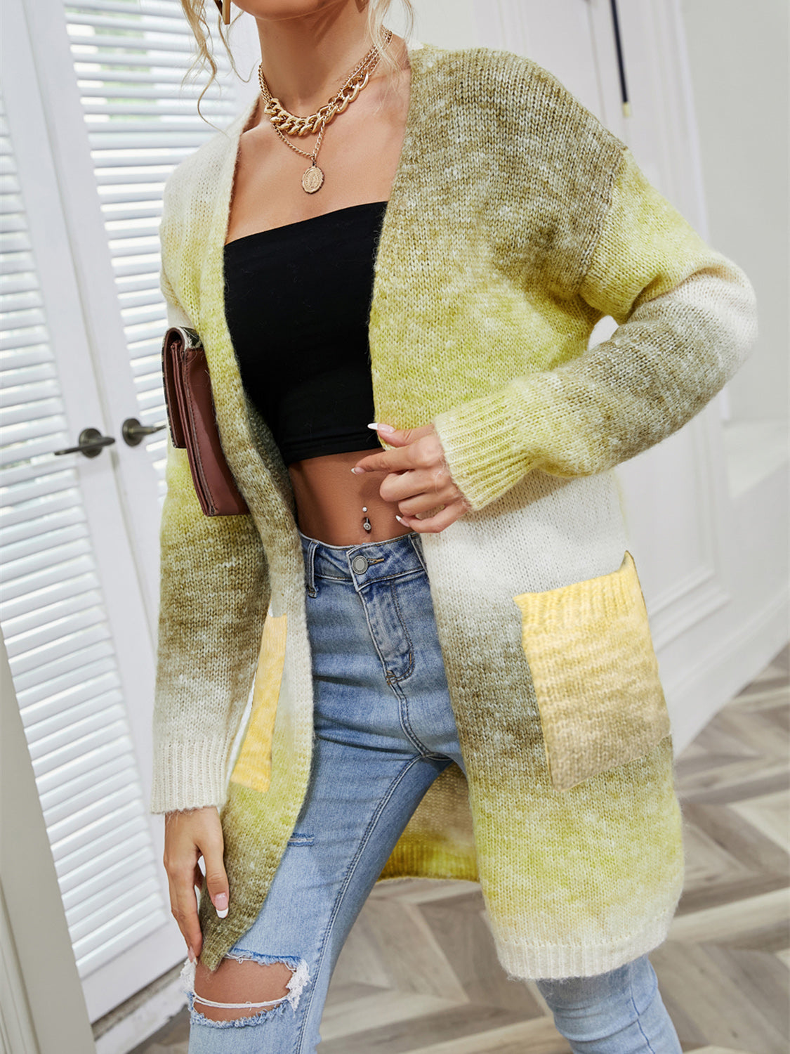 Retro Knit Longline Cardigan Colorful Ombre Patch Pocket Open Sweater Duster