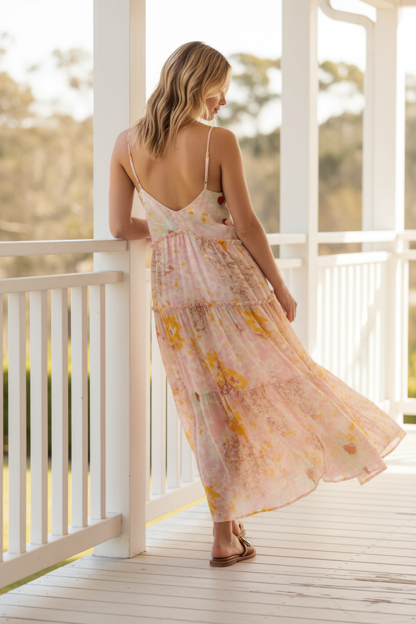 Retro Floral Tiered Ruffle Plunging V-Neck Sleeveless Side Pocket Flowing Midi Dress