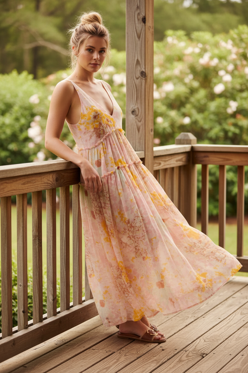 Retro Floral Tiered Ruffle Plunging V-Neck Sleeveless Side Pocket Flowing Midi Dress