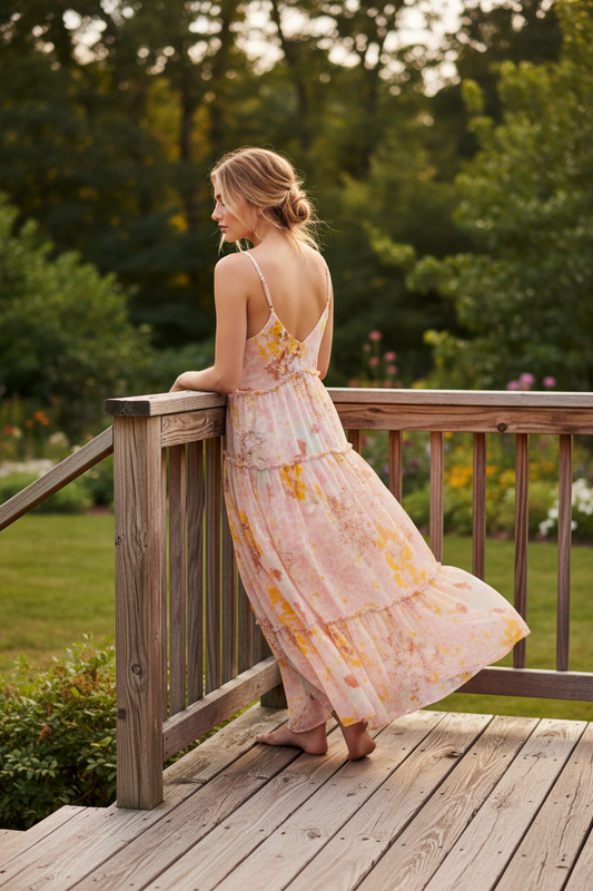 Retro Floral Tiered Ruffle Plunging V-Neck Sleeveless Side Pocket Flowing Midi Dress