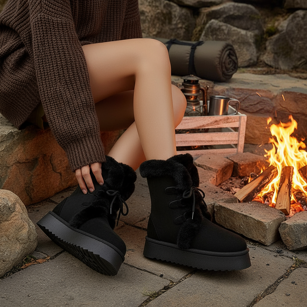 Faux Fur Platform Lace-up Winter Boots Plush Chunky Lug Vegan Suede Shoes