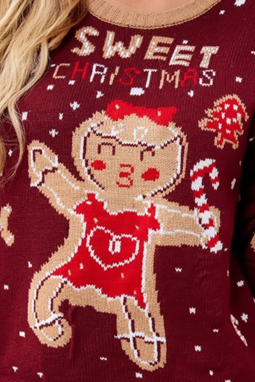 Sweet Christmas Gingerbread Girl Holiday Round Neck Long Sleeve Knit Sweater