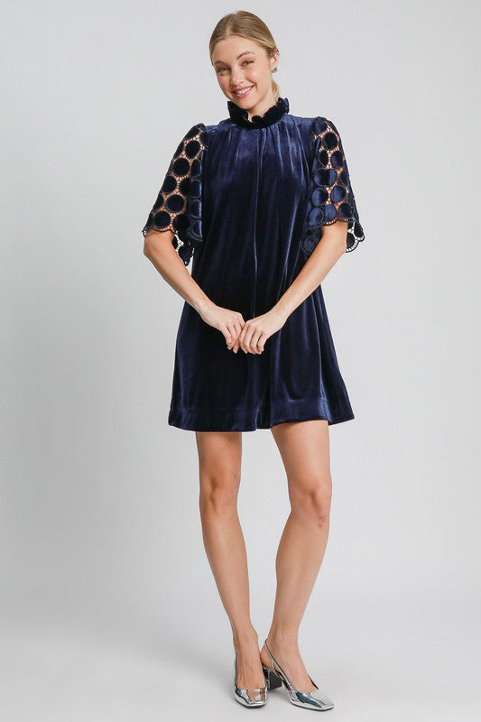 Umgee Velvet Polka-dot Lace Trapeze Ruffle Mock Neck Bow Mini Shift Dress