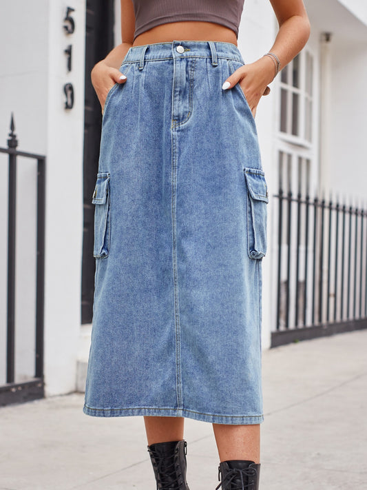 High-Rise Retro Cargo Side Pocket Elastic Waist Denim Jean Back Slit Midi Skirt