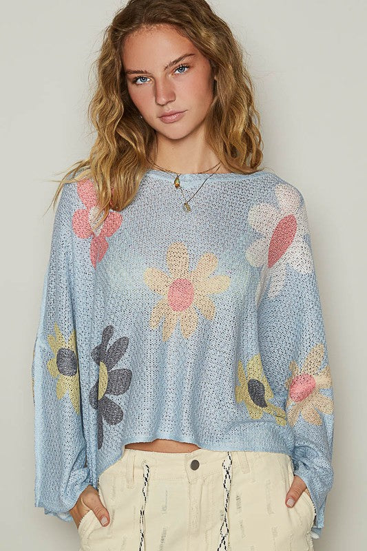 POL Daisy Colorful Retro Contrast Flower Top Oversized Shirt Pullover Knit Sweater