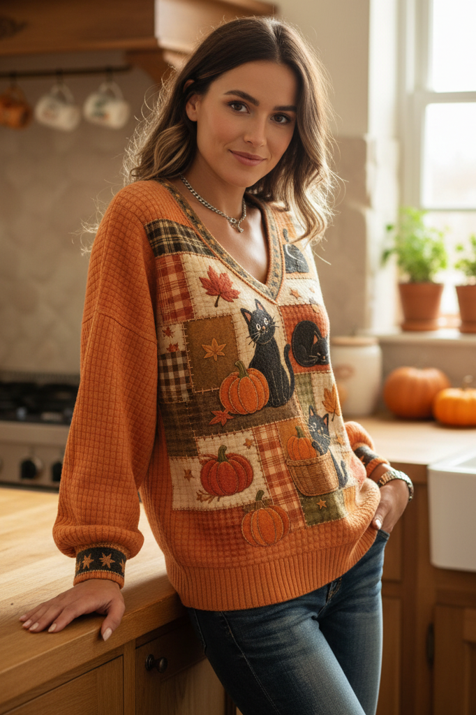 Black Cat Pumpkin Patchwork Quilt V-Neck Long Sleeve Fall Halloween Sweater