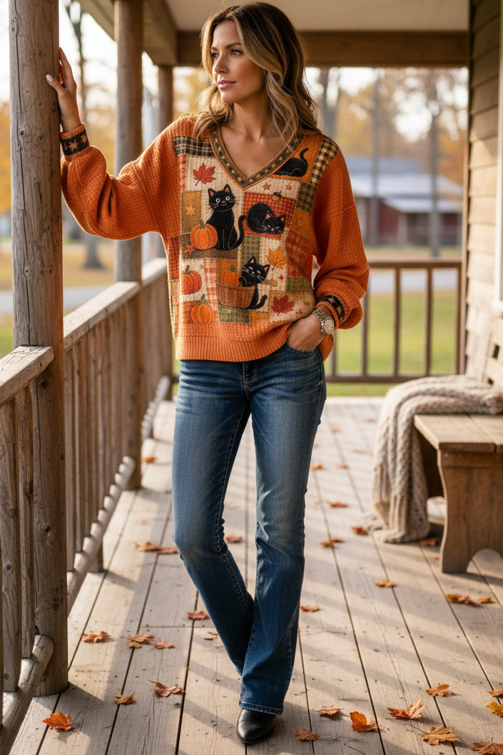 Black Cat Pumpkin Patchwork Quilt V-Neck Long Sleeve Fall Halloween Sweater
