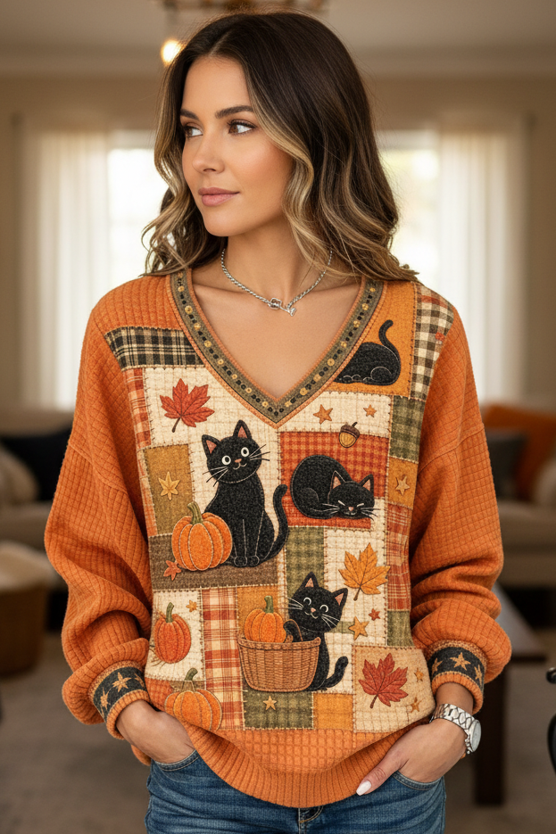 Black Cat Pumpkin Patchwork Quilt V-Neck Long Sleeve Fall Halloween Sweater