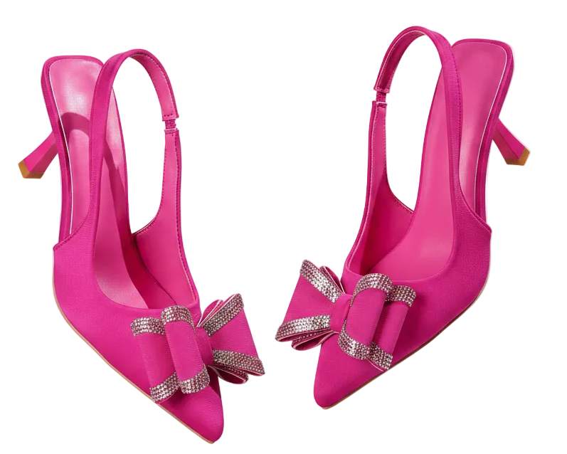 Rhinestone Double Bow Sparkling Pointed Toe Slingback Shoes Statement Kitten Heels