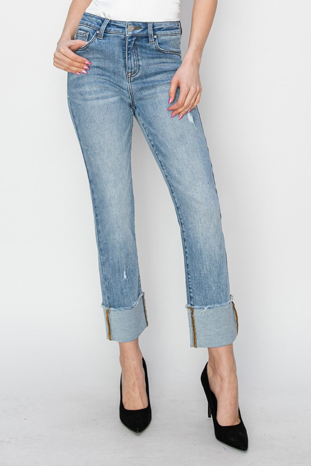 RISEN High-Rise Straight Leg Jeans Ankle Cuffed Hem Distressed Denim Pants