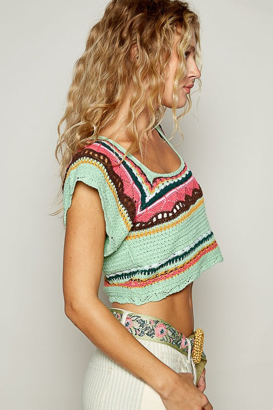 POL Crochet Openwork Bohemian Short Sleeve Crop Top Colorful Granny Knit Shirt Green