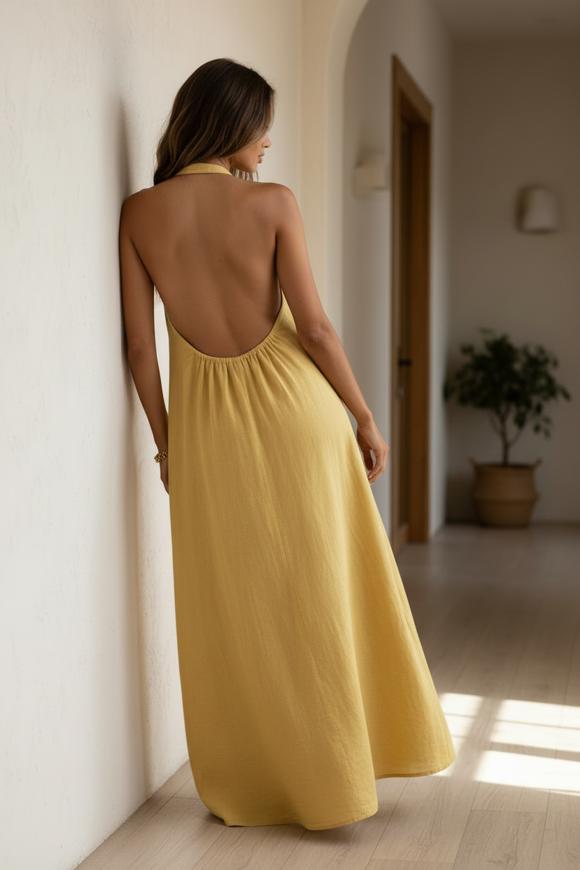 Pleated High Neck Halter Backless Relaxed Fit Drape Sleeveless Maxi Dress
