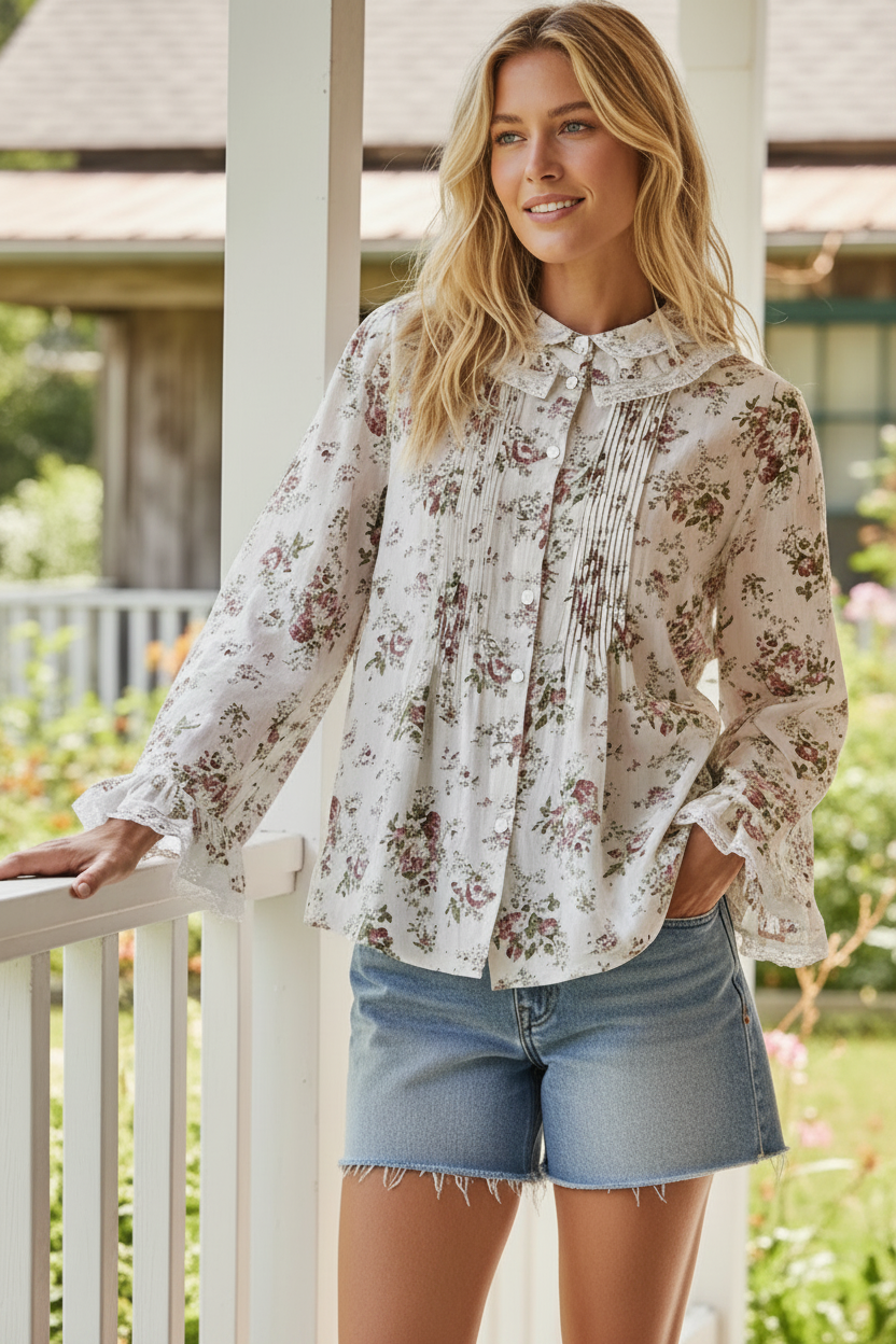 POL Cotton Peter Pan Collar Baggy Granny Floral Lace Pintuck Button-Down Boxy Shirt