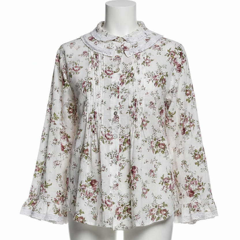 POL Cotton Peter Pan Collar Baggy Granny Floral Lace Pintuck Button-Down Boxy Shirt