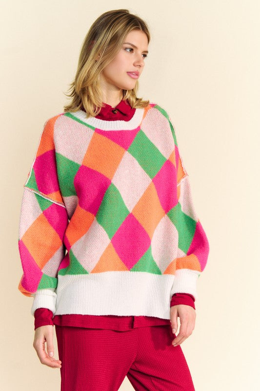 DAVI & DANI Retro Neon Diamond Stripe Long Sleeve Oversized Pullover Sweater Top