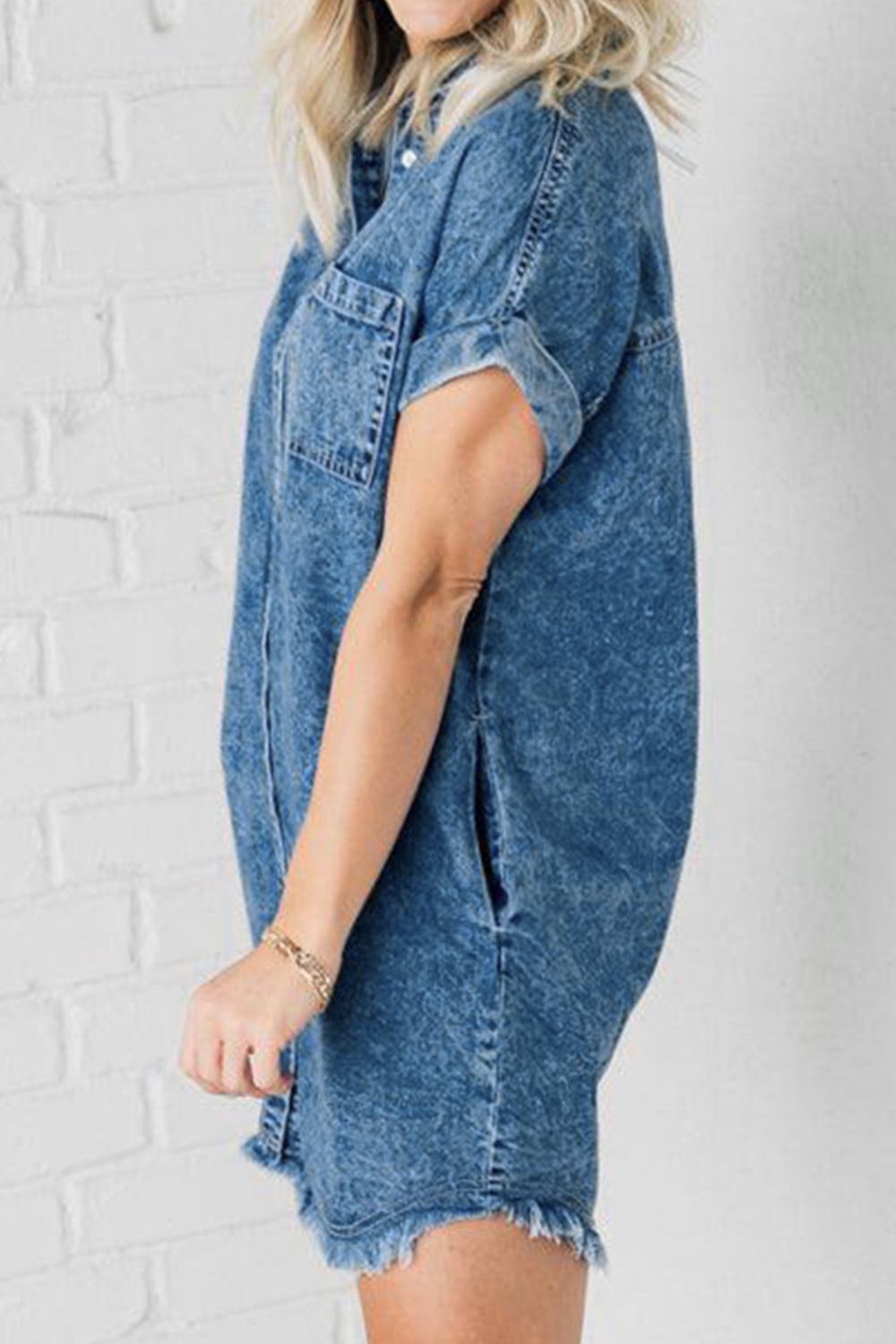 Distressed Denim Short Sleeve Button Front Pocket Blue Jean Cotton Mini Shirt Dress