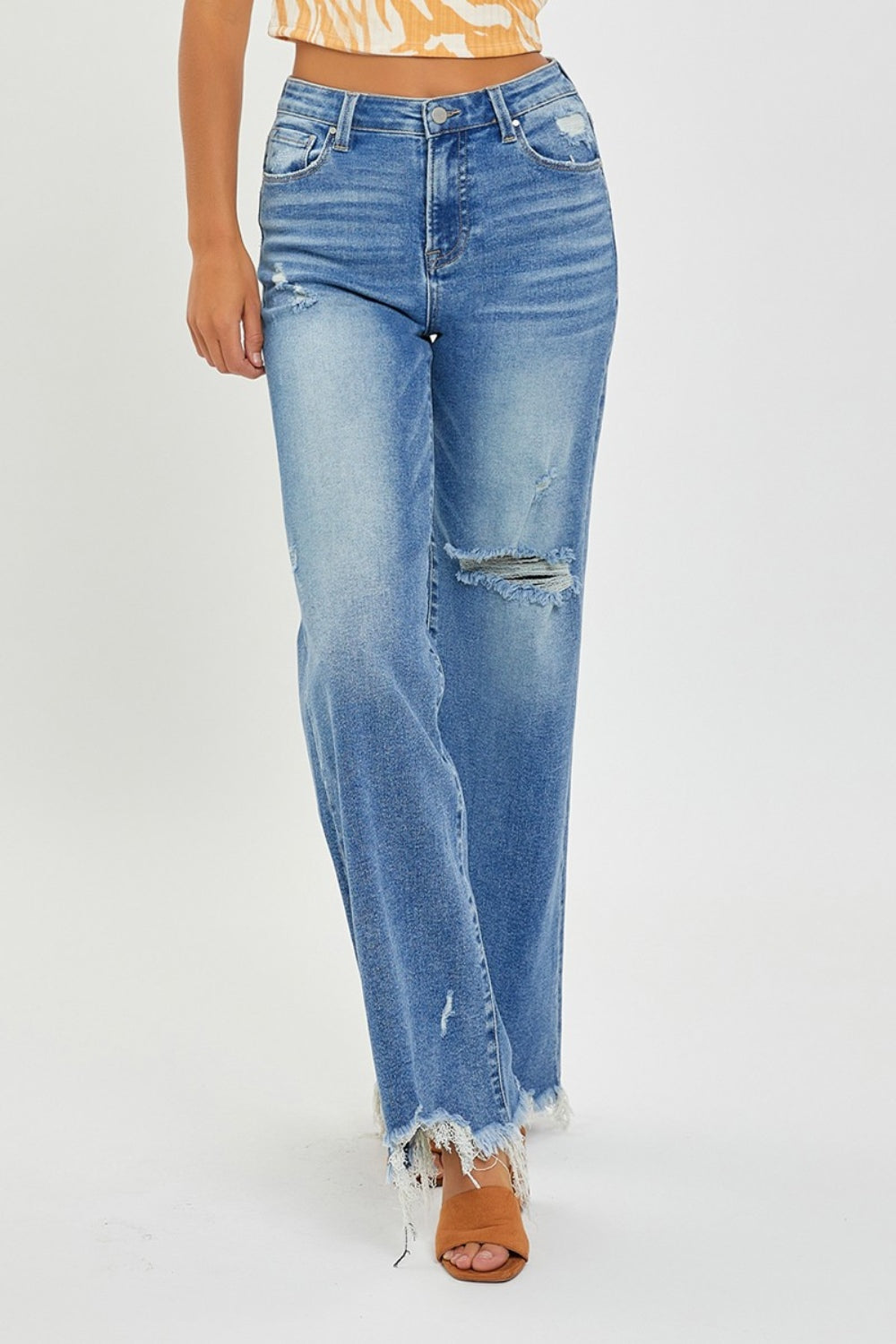 High-Rise Mom Jeans Wide Leg Distressed Raw Denim Retro Pants RISEN