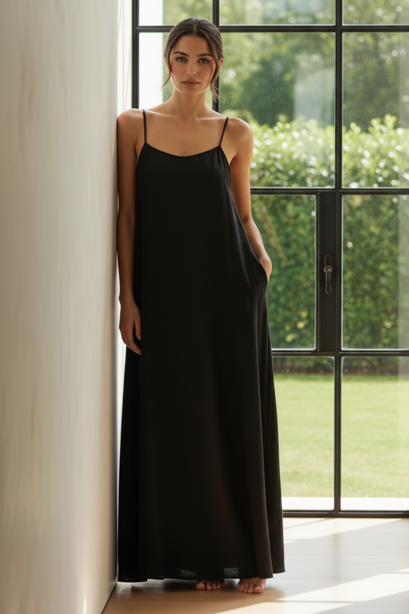 Oversized Baggy Sleeveless Spaghetti Strap Side Slit Pocket Maxi Dress