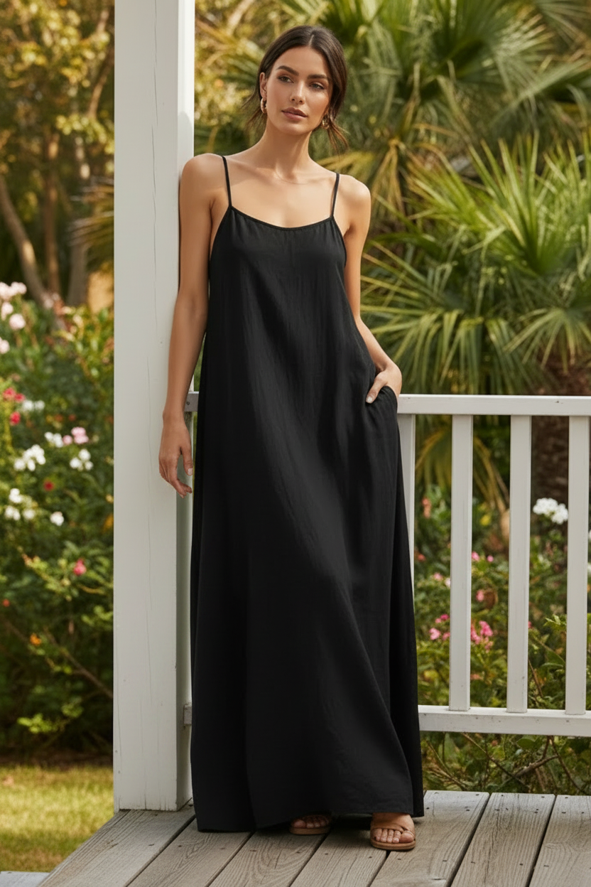 Oversized Baggy Sleeveless Spaghetti Strap Side Slit Pocket Maxi Dress