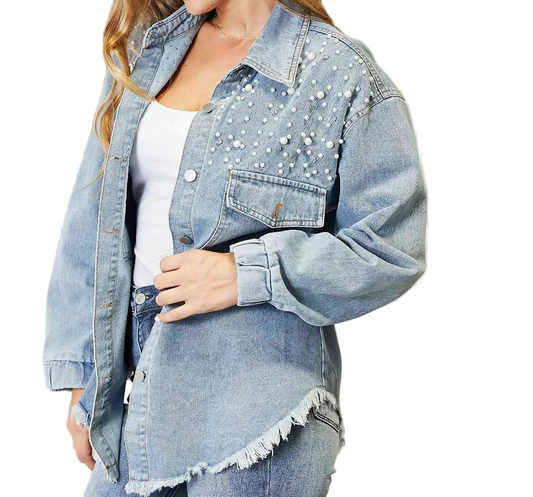 Faux Pearl Rhinestone Button-Up Jean Shacket Collared Long-Sleeve Retro 80's Denim Jacket