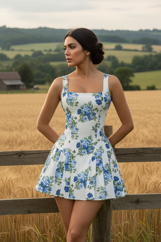 Retro Floral Princess Seam Box-Pleated Sleeves Square Neck Ultra Mini Skater Dress