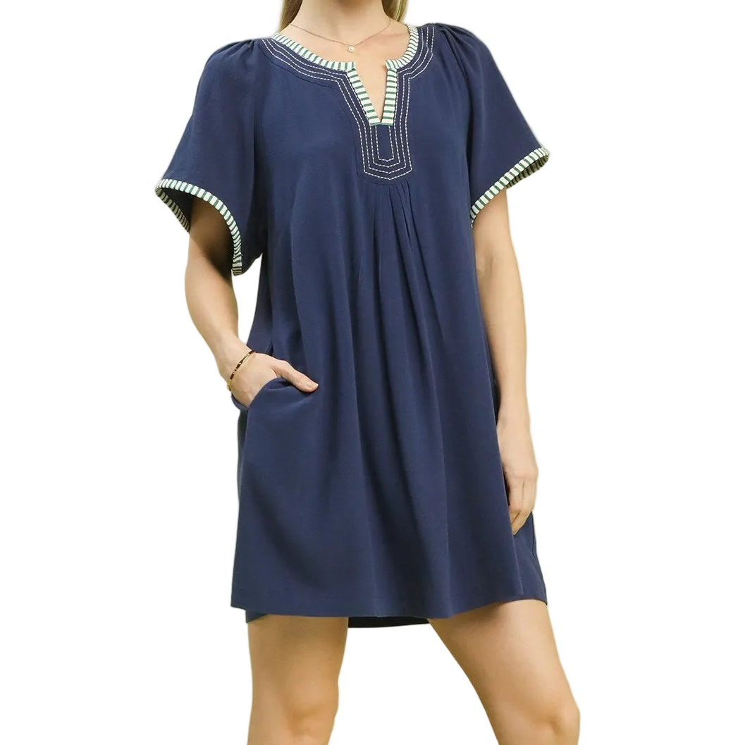 Umgee Contrast Trim Embroidered V-Neck Pleated Short Sleeve Linen Tunic Mini Dress